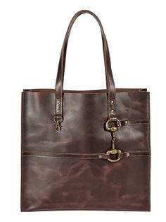 Beautifully crafted, rustic leather tote. Simple design with classic equestrian snaffle bit embellishment. Comfortable, flat shoulder straps and open top with outside & inside slip for finding keys. Large roomy interior. Dimensions: 14" H x 15" W x 4" D Brown Bags With Horsebit Detail For Everyday Use, Brown Horsebit Satchel Shoulder Bag, Rectangular Shoulder Bag With Horsebit Detail For Everyday Use, Brown Satchel Shoulder Bag With Horsebit Detail, Brown Business Bag With Horsebit Detail, Everyday Satchel Shoulder Bag With Horsebit Detail, Brown Horsebit Detail Business Bag, Brown Business Bags With Horsebit Detail, Leather Bag With Horsebit Detail For Work