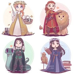 four different princesses are shown in the same style and color, each with their own character