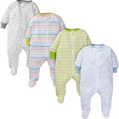 Bring out those adorable smiles at naptime or playtime with this 4-pack of baby unisex Sleep N' Plays. The precious designs and colors appeal to little ones and give mom plenty of choices for dressing baby for the day. 100% cotton jersey fabric provides warmth and comfort. The footed bottoms keep those little feet feeling toasty. A front zipper opening streamlines the dressing routine and makes diaper changes easier too! The soft fabric zipper neck tab protects the chin from scratches. These eas Zipper Neck, Footed Pajamas, Star Clothing, Baby Unisex, Gerber Baby, Cotton Jersey Fabric, Toddler Clothes, Boys Clothes, Baby Boy Or Girl