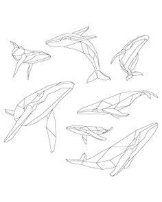 several different types of origami whale's are shown in black and white