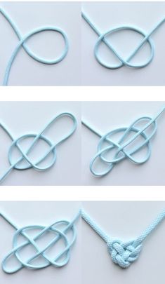 three pictures of different knots on a white surface, one is blue and the other is light blue