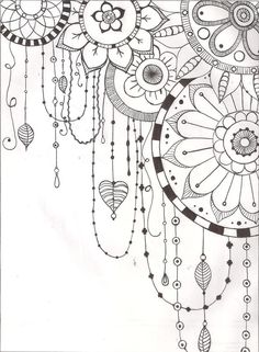 a drawing of an intricate design with flowers and hearts on it's side, in black and white