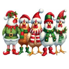 five chickens dressed up in christmas outfits and hats, standing next to each other with santa's helpers on their heads