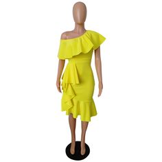 Ruffle Collar Irregular Bodycon Party Dress Yellow One-shoulder Midi Dress For Party, Yellow One Shoulder Midi Dress For Party, One Shoulder Yellow Midi Dress For Party, Summer Party One-shoulder Knee-length Dress, Summer Party One Shoulder Knee-length Dress, Knee-length One Shoulder Summer Party Dress, Summer Party Knee-length One Shoulder Dress, Spring Party One-shoulder Knee-length Dress, Yellow Ruffled Midi Dress For Cocktail