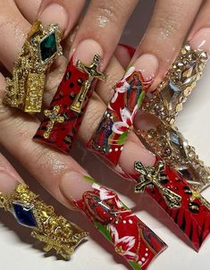 Sade Nails Aesthetic, Sade Nails, Maximalist Nails, Drip Nails, Radiant Red, Colored Acrylic Nails, Steal The Spotlight, Dope Nail Designs, Long Acrylic Nails Coffin