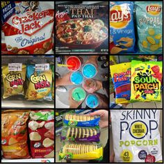 the collage shows many different types of chips and snacks that are available for purchase