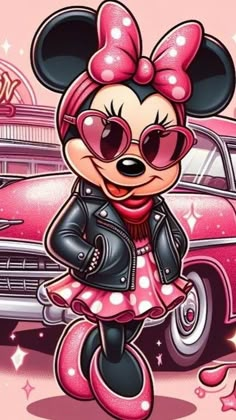 a minnie mouse with sunglasses and a pink dress