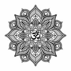 an intricate black and white flower design with the om sign in the center on a white background