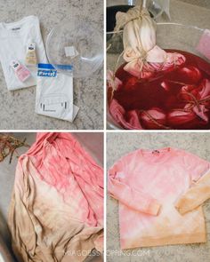 four pictures showing how to make dyed t - shirts in different stages of dyes