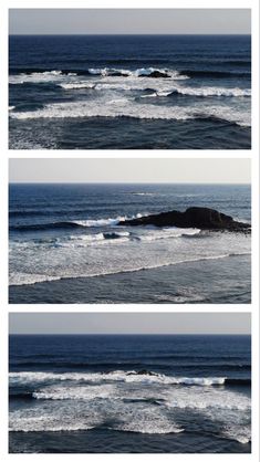 three different views of the ocean with waves