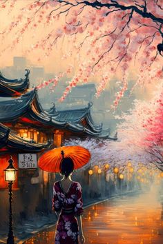 a painting of a woman holding an umbrella in front of a building with cherry blossom trees