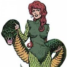 a woman with red hair and green dress holding a large snake in her right hand