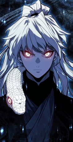 an anime character with long white hair and red eyes holding a snake in his hand