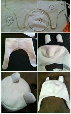 four pictures showing how to make a baby's diaper with buttons and piping