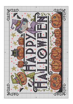 a cross stitch pattern with the words happy halloween and pumpkins on it, as well as