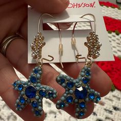 Super Cute Betsey Johnson Dangle Earrings! Nwt Never Worn Kidney Closure Earrings. Blue Starfish, Vintage Betsey Johnson, Mismatched Earrings, Heart Drop Earrings, Betsey Johnson Jewelry, Metallic Pink, Blue Gems, Bow Earrings, Purple Stones