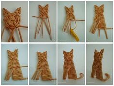 several pictures of cats made out of wood sticks