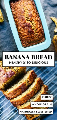 banana bread on a cooling rack with text overlay