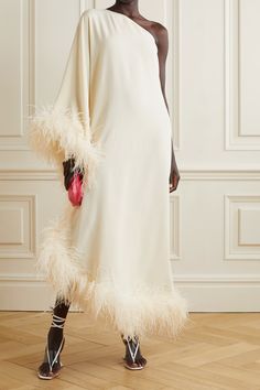 TALLER MARMO + NET SUSTAIN Ubud one-shoulder feather-trimmed crepe maxi dress | NET-A-PORTER Feathered Wedding Dress, Taller Marmo, Tall Maxi Dress, Dress With Feathers, Feather Gown, Dorothy Dandridge, Crepe Maxi Dress, Asymmetrical Midi Dress, Evening Dress Fashion