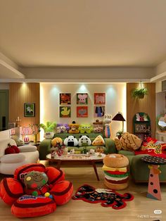 a living room filled with furniture and lots of stuffed animals on top of it's walls