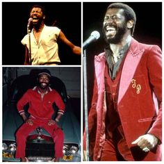 three pictures of men in red suits and one is singing into a microphone