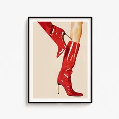 a woman's legs and red high heeled boots are featured in this fashion illustration