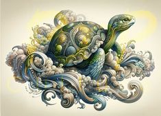 an artistic drawing of a turtle in the clouds