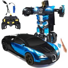 a remote control car with a robot on the front and an electric toy behind it