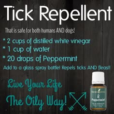 a bottle of peppermint next to a wooden wall with the words tick repellent on it