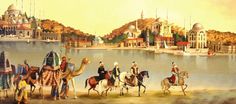 an oil painting of people riding camels in front of a body of water with buildings on the other side