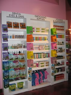 the wall is filled with different types of products