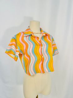 Wavy Rainbow Button Down Collared Shirt Lightweight Colorful Shirt Vacation Wear Crop Top Shirt - Etsy Trendy Summer Shirt With Retro Print, Retro Multicolor Shirt For Vacation, Retro Short Sleeve Blouse For Beach, Multicolor Button-up Summer Shirt, Retro Summer Shirt With Colorful Pattern, Retro Shirt With Colorful Pattern For Summer, Fun Multicolor Button-up Shirt, Retro Multicolor Print Tops For Beach, Retro Multicolor Print Beach Tops