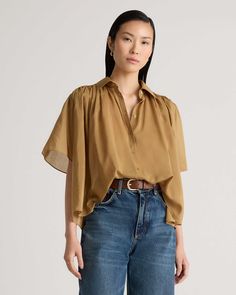 Cotton-Silk Voile Short Sleeve Blouse Chic Sheer Silk Blouse, Sheer Silk V-neck Top, Chic Sheen Tops For Fall, Chic Fall Tops With Sheen, Spring Sheen Tops For Workwear, Fall Solid Silk Tops, Chic Sheen Tops For Workwear, Sheer Silk Tops For Daywear, Fall Workwear Blouse With Sheen