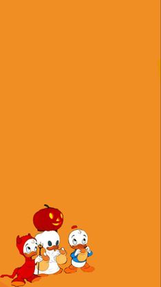 an orange background with three cartoon birds on the left and one bird on the right