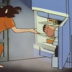 an animated image of a woman opening the refrigerator door to look at a man's face