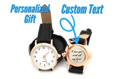 ❤️ Looking for a special gift for the woman in your life? Look no further than our personalized women's watch! ❤️ Our watches are professionally laser engraved with care and attention to detail, featuring a beautiful engraved dial. The dial can be customized with a name, date, or message of your choice, making this watch a truly unique and heartfelt gift. ❤️ Please note that these watches are no name brand and the highlight of these watches is that it can be personalized for your loved one.  ❤️ Whether you're celebrating a birthday, anniversary, wedding, graduation, or just want to show your appreciation, our personalized women's watch is the perfect choice. It's a timeless piece that she can wear every day, and will always remind her of your love and thoughtfulness. ❤️ So why wait? Order Elegant Engraved Watches For Formal Occasions, Elegant Engraved Watches For Gifts, Engraved Medallion Watches For Gifts, Text Gift, Watch Engraving, Affordable Gifts, Unique Gifts For Her, Heartfelt Gifts, Custom Engraving