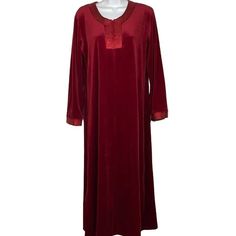 Jones New York  House Dress Night Gown  Maxi Length Velour with Satin Trip Zip Front Stunning! Medium Pit to Pit- 20", length- 50" Red with Gold stitching Great condition Red Long Sleeve Nightgown For Bedtime, Red V-neck Nightwear Dress, Red Long Sleeve Nightgown, Red Long Sleeve Nightgown For Home, New York House, Womens Pajamas, Dress Night, Pajama Robe, House Dress