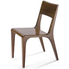 a wooden chair that is sitting on a white surface with the seat up and one leg down