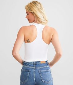 BKEssentials Waffle Stretch Brami - White M/L, Women's White High neck racerback brami Bust measures 21 on size XS/S Body length 13 1/2 on size XS/S. 92% Nylon 8% Spandex. Machine wash cold with like colors. Do not bleach. Tumble dry low. Do not iron. Do not dry clean.. Measurements: Bust -Fullest part of bust with arms at sides. Waist -Circumference of natural waist: above belly button below rib cage. Hips -Standing with feet together fullest part of hips. WOMEN'S TOP SIZE CONVERSION CHART Size Casual Fitted Halter Top With T-back, Casual Seamless T-back Tank Top, Ribbed Racerback Crop Top, Basic Fitted Racerback Tank Top, Basic Racerback Top For Everyday, Summer T-back Tops With Seamless Construction, Casual Fitted T-back Crop Top, Casual Seamless T-back Top, Casual Ribbed Racerback Halter Top