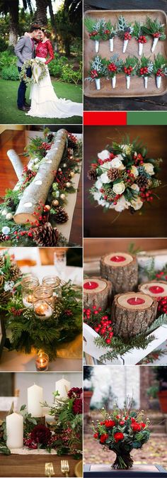 several pictures of christmas decorations and candles on a table with pine cones, evergreens, berries