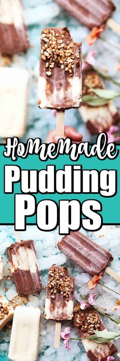 homemade pudding pops on a stick with text overlay that reads homemade pudding popss