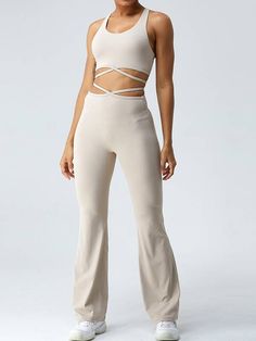 Power Through Your Workout in Style with this Sexy Sleek Racerback Strappy Sports Bra! Fitted Yoga Pants With Wide Waistband For Workout, 4-way Stretch Wide Leg Activewear For Workout, High Stretch Wide Leg Athleisure Activewear, Fitted Wide Leg Yoga Leggings, Fitted High-waisted Athleisure Activewear, High-waisted Fitted Activewear Pants Athleisure, Fitted High-waisted Athleisure Pants, Athleisure Wide Leg Stretch Leggings, Fitted High Waist Sweatpants For Workout