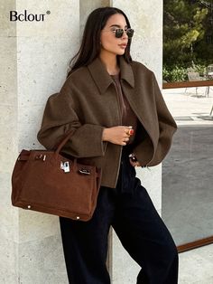 Bclout Elegant Loose Brown Jackets Women Autumn Solid Long Sleeve Zipper Coats 2024 Fashion Turn Street Style Jacket, Mode Mantel, Cropped Coat, Oversized Jacket, Thanksgiving Outfit, Solid Clothes, Zipper Jacket, Short Coat, Casual Coat