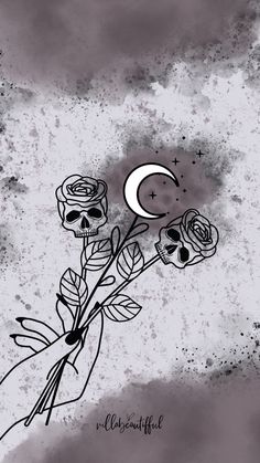 a drawing of roses with the moon in the background