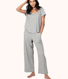 Welcome to casual comfort! The softest ever lounge pant just got the style upgrade with our softest ever all-day ribbed fabric. This wide leg lounge pant has a flattering cut and a comfy elastic band that’s couch potato friendly and perfect for everyday wear. Loungewear High-waisted Pants With Ribbed Waistband, Mid-rise Lounge Pants With Ribbed Waistband, Soft-washed Cotton Loungewear Pants, Gray Moisture-wicking Pants For Loungewear, Gray Moisture-wicking Loungewear Pants, Wide Leg Lounge Pants, Bra Size Guide, Couch Potato, Style Upgrade