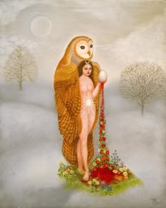 a painting of an owl holding a woman's head in the snow with trees and flowers around it