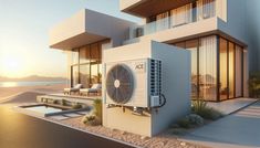 an air conditioner on the side of a modern house with ocean view in the background