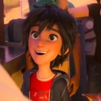 an animated image of a boy smiling and looking at another person's hand in front of him