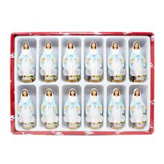 twelve plastic virgin marys in a red and white box