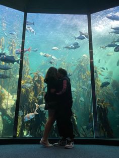 two people kissing in front of a large aquarium filled with lots of fish and plants